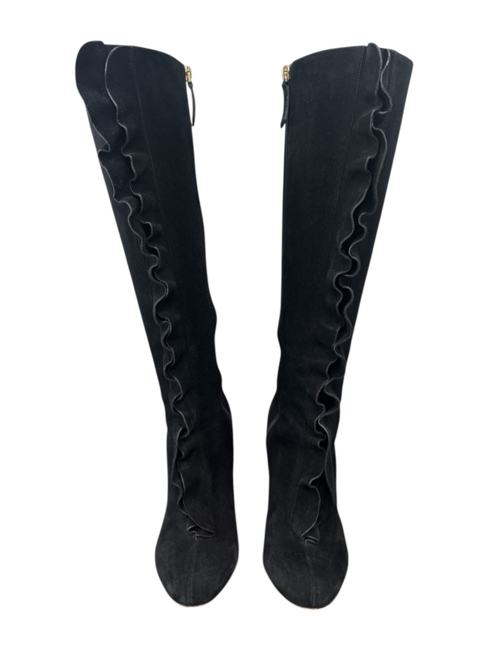 Valentino Garavani Ruffle Knee High Boots Black Suede 39.5 Us 9.5 Italy Luxury